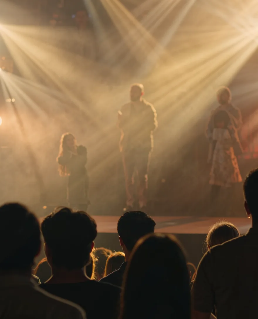 A live stage moment under warm lights and soft haze.