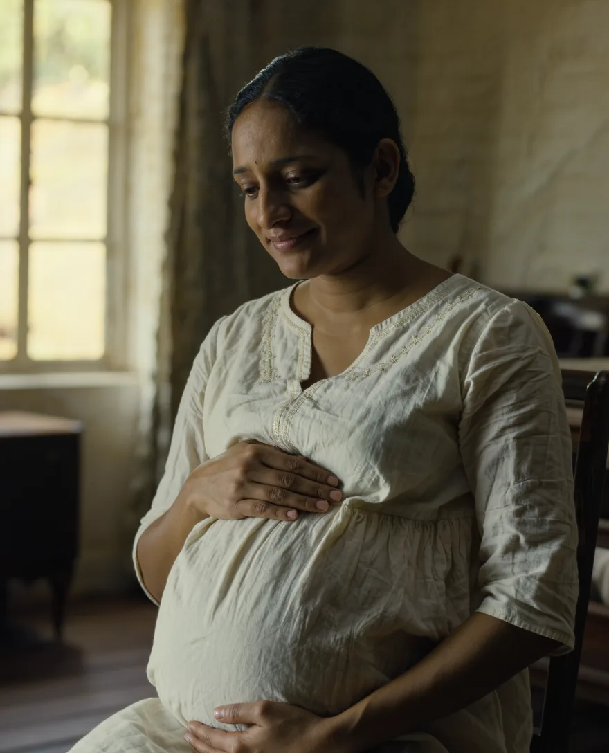 A quiet maternity portrait in gentle, warm natural light.