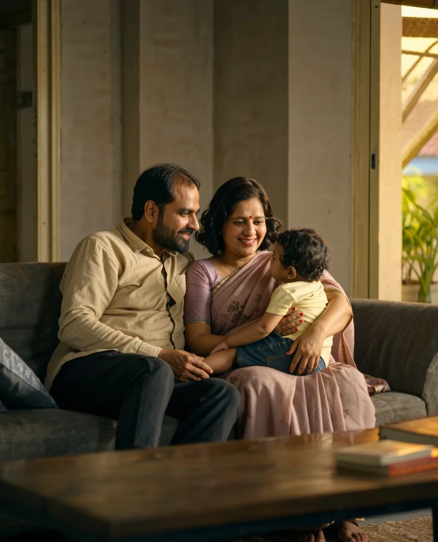 A family together at home in soft, warm afternoon light.