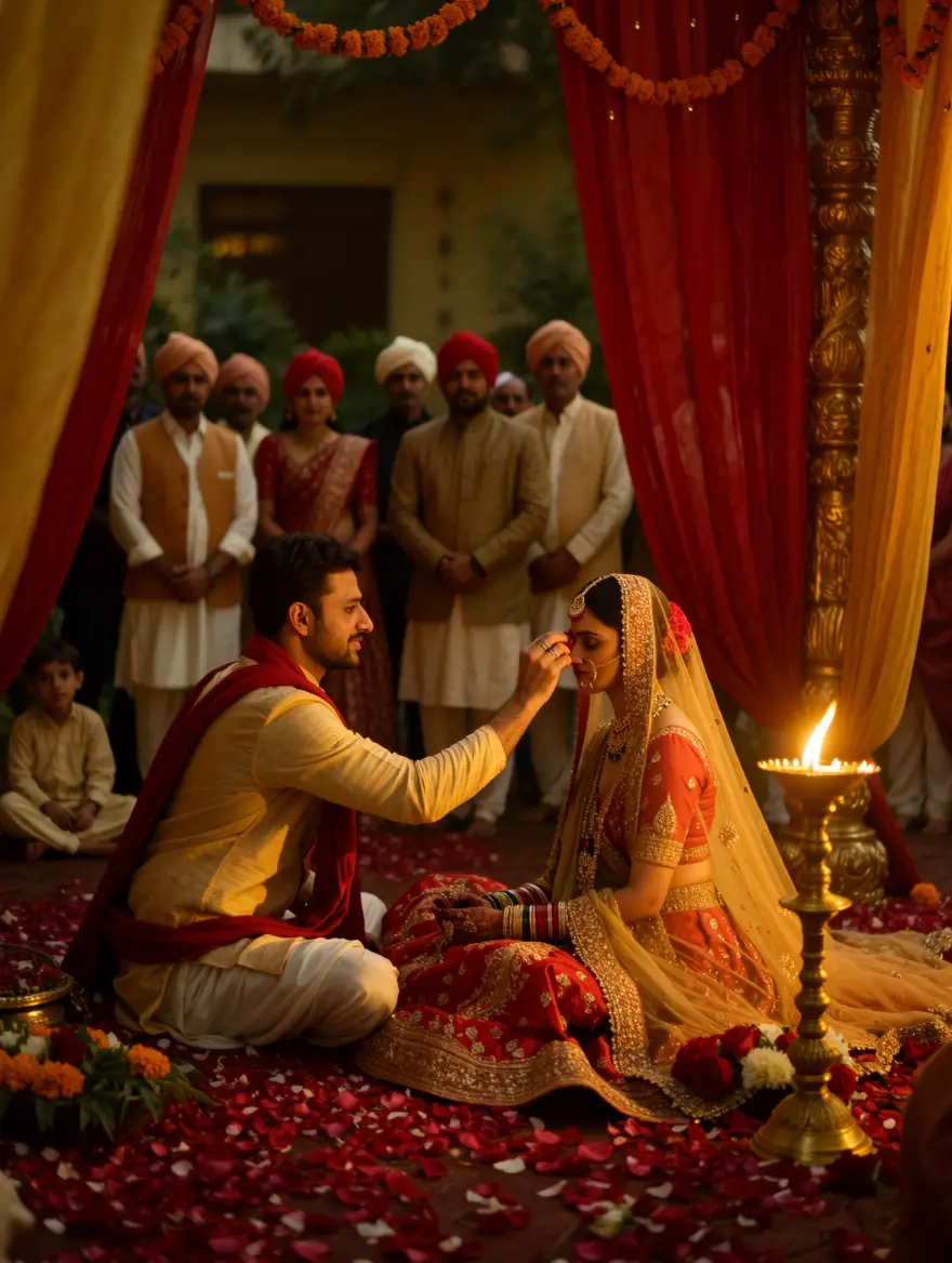 A wedding ceremony in warm candlelight — a page from the studio's work.